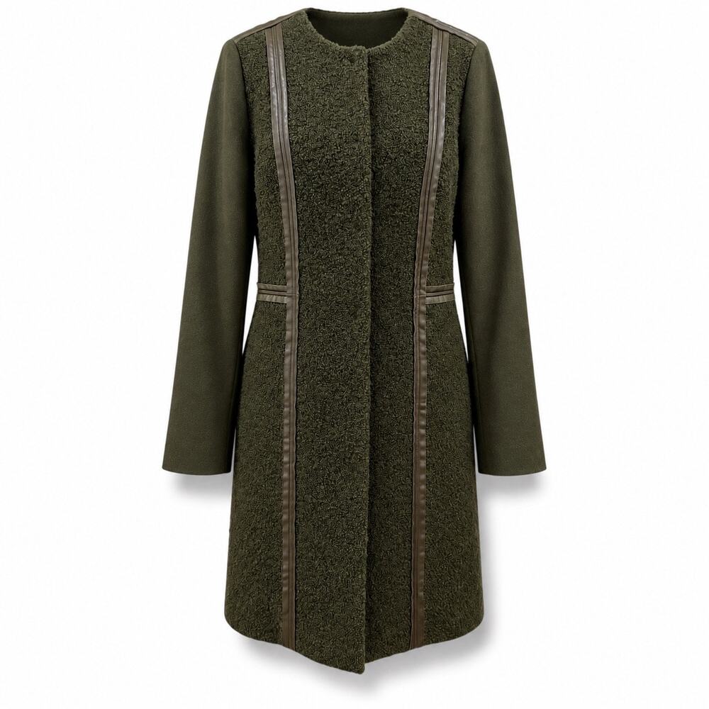 Tory Burch Olive Green Wool Coat Leather Trim Size S (6) Long Jacket Designer